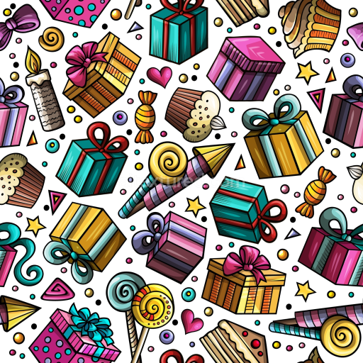 Seamless 3D PBR Texture of Colorful Birthday Gifts and Candies Pattern