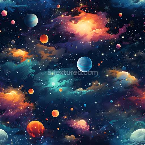 Seamless 3D Space PBR Texture Featuring Vibrant Galaxy Clouds and Multicolored Planets