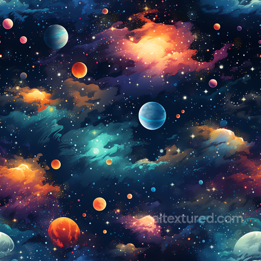 Space PBR Texture Featuring Vibrant Galaxy Clouds and Multicolored Planets seamless Star, space, planets PBR texture