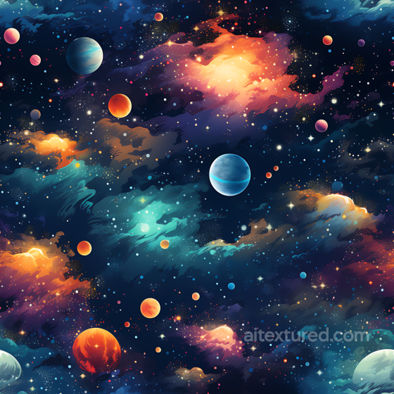 Space PBR Texture Featuring Vibrant Galaxy Clouds and Multicolored Planets Star, space, planets texture preview
