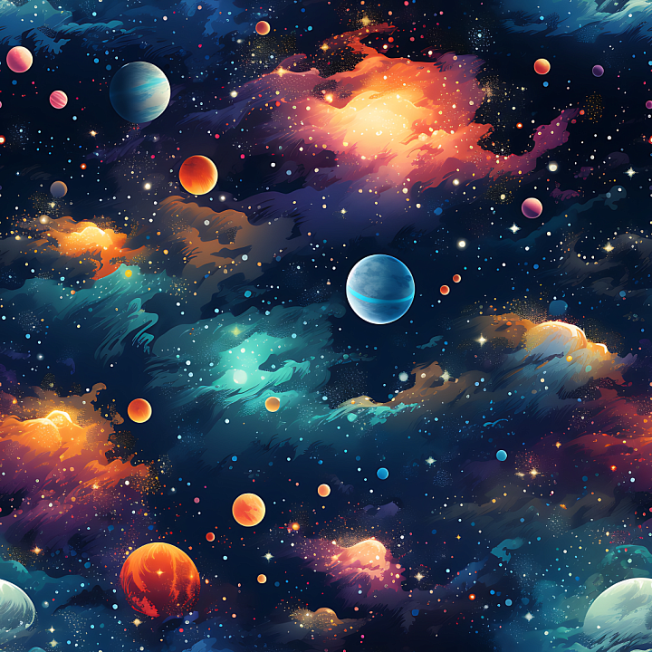 Space Featuring Vibrant Galaxy Clouds and Multicolored Planets seamless PBR texture preview