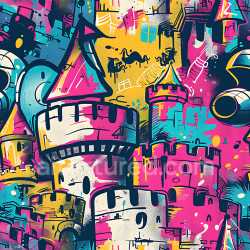 seamless Seamless 3D PBR Texture Featuring Colorful Graffiti Castles and Urban Tags texture 8k free download PBR