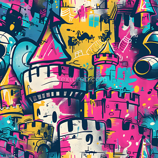 Seamless 3D PBR Texture Featuring Colorful Graffiti Castles and Urban Tags