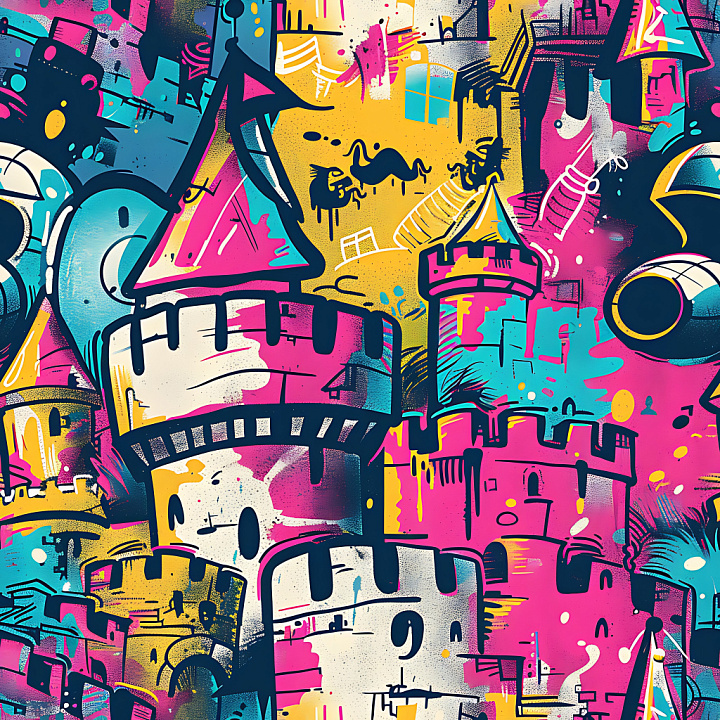 Featuring Colorful Graffiti Castles and Urban Tags seamless PBR texture preview