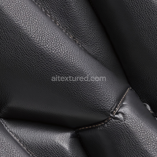 Seamless 3D black grainy leather PBR texture with stitched upholstery folds