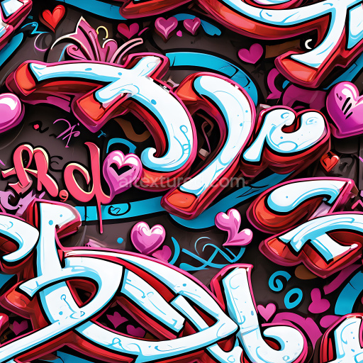 Seamless 3D PBR Graffiti Texture Featuring Blue Lettering and Pink Heart Patterns