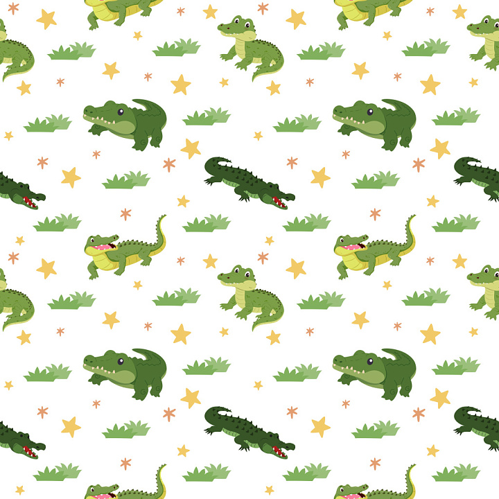 Pattern with Playful Crocodile Motifs and Cartoon Grass seamless PBR texture preview