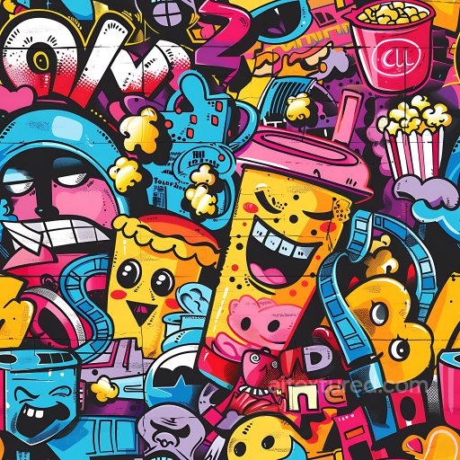 Seamless 3D PBR Texture of Colorful Cartoon-Style Graffiti Characters and Urban Art texture preview