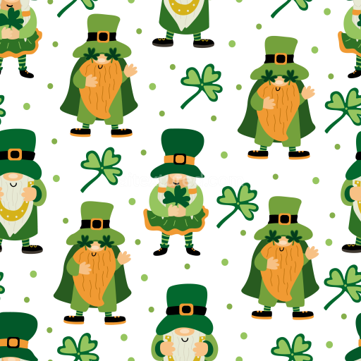Seamless 3D PBR texture featuring St Patrick gnomes and shamrocks pattern
