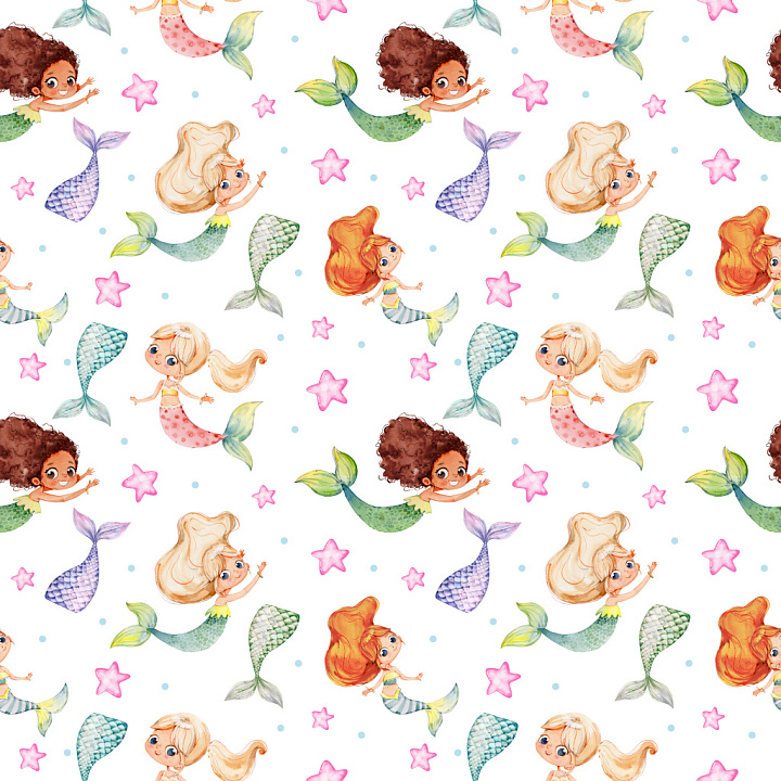 Pattern with Playful Watercolor Mermaids and Starfish seamless PBR texture preview