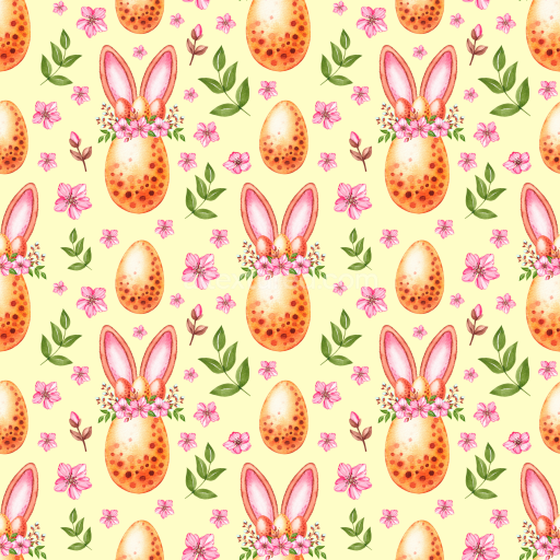 Seamless 3D PBR Texture Featuring Painted Easter Eggs with Bunny Ears and Pink Floral Motif