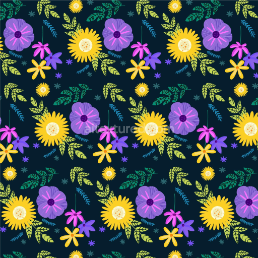 Seamless 3D PBR Texture of Vibrant Embroidered Floral Fabric with Yellow and Purple Flowers
