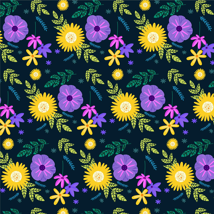 Vibrant Embroidered Floral Fabric with Yellow and Purple Flowers seamless PBR texture preview