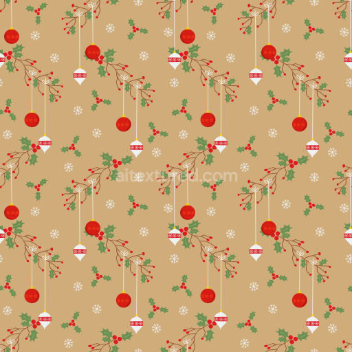 Seamless 3D PBR Texture of Christmas Ornaments and Holly on Brown Background