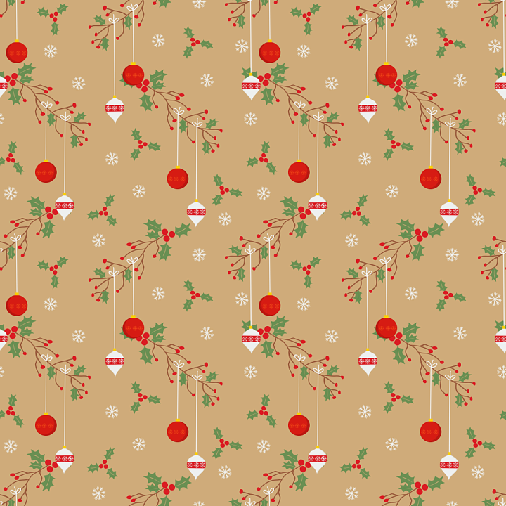 Digital Paper With Christmas Holly And Baubles On Beige seamless PBR texture preview