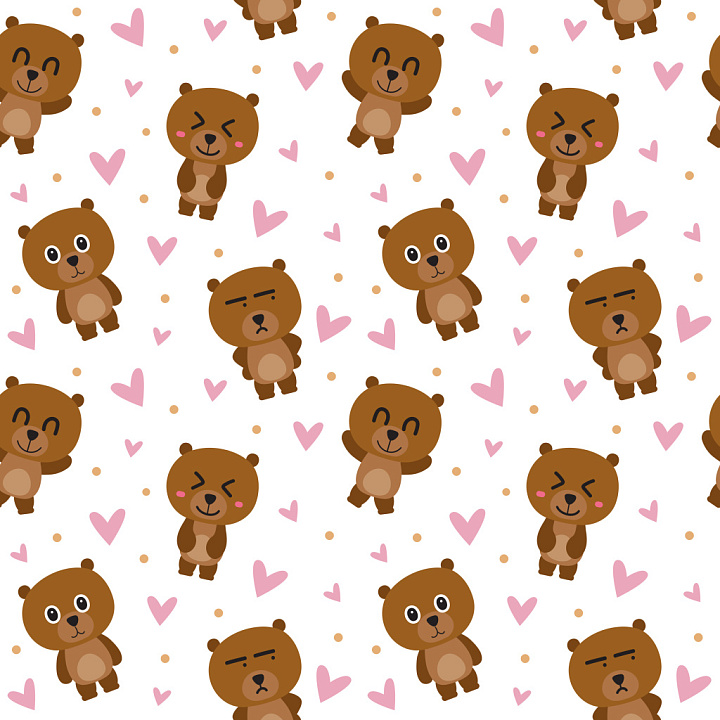 Pattern with Cute Bear Faces and Hearts seamless PBR texture preview