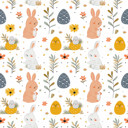 Seamless 3D PBR Texture of Cute Easter Bunnies with Stylized Eggs and Flowers