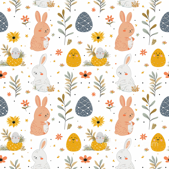 All Easter Digital paper Texture of Cute Easter Bunnies with Stylized Eggs and Flowers All Easter Digital paper texture preview