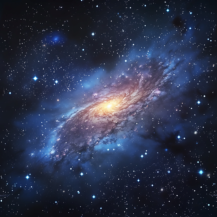 Space Featuring Spiral Galaxy with Glowing Core and Blue Nebula Clouds seamless PBR texture preview