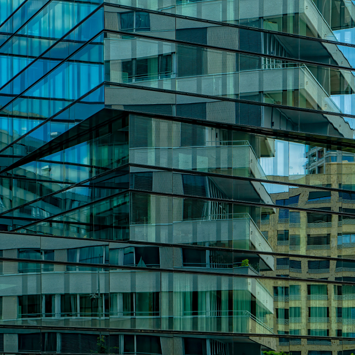 of Modern Glass Facade with Reflective Surfaces seamless PBR texture preview