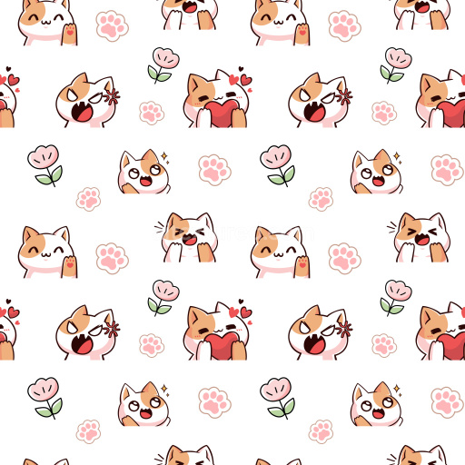 Pattern Bundle - Seamless Cute Cat Cartoon Pattern PBR Texture with Floral and Paw Motifs texture preview