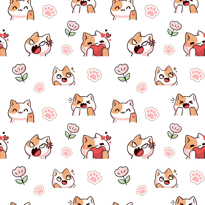 Cute Cat Cartoon Pattern with Floral and Paw Motifs seamless PBR texture preview