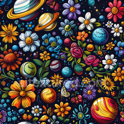 seamless Seamless 3D PBR Cosmic Space Texture Featuring Colorful Flowers and Planets on Starry Background texture 8k free download PBR
