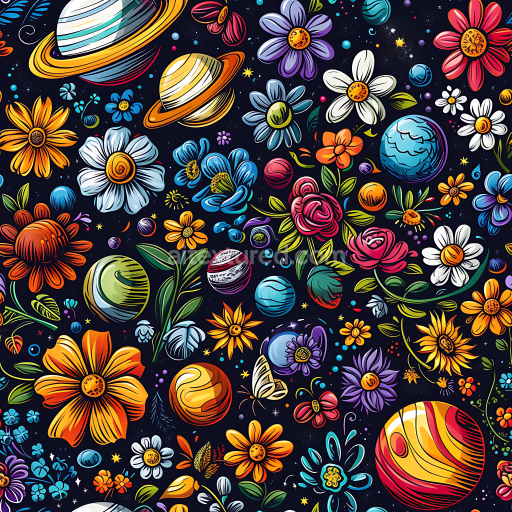 Seamless 3D PBR Cosmic Space Texture Featuring Colorful Flowers and Planets on Starry Background