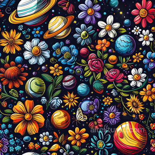 Cosmic Space Texture Featuring Colorful Flowers and Planets on Starry Background seamless Star, space, planets PBR texture