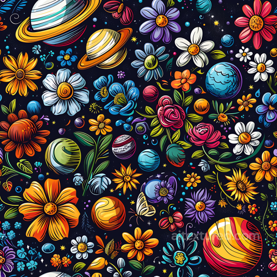 Cosmic Space Texture Featuring Colorful Flowers and Planets on Starry Background Star, space, planets texture preview