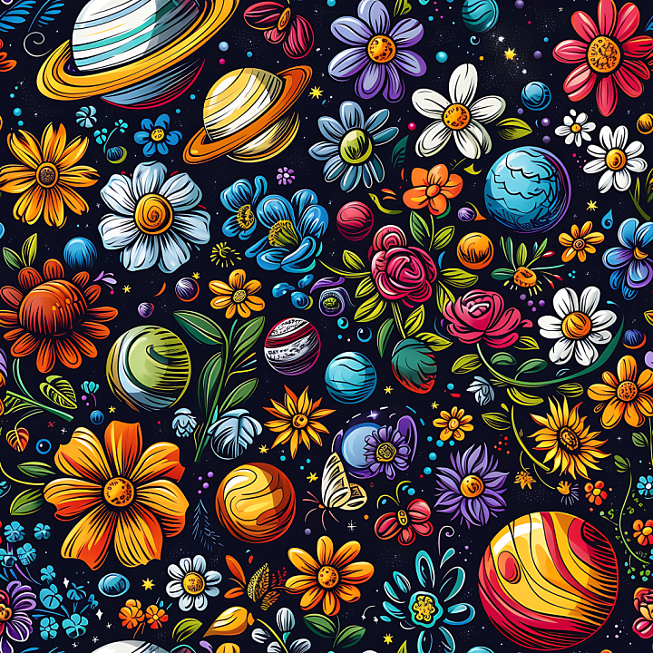 Cosmic Space Featuring Colorful Flowers and Planets on Starry Background seamless PBR texture preview