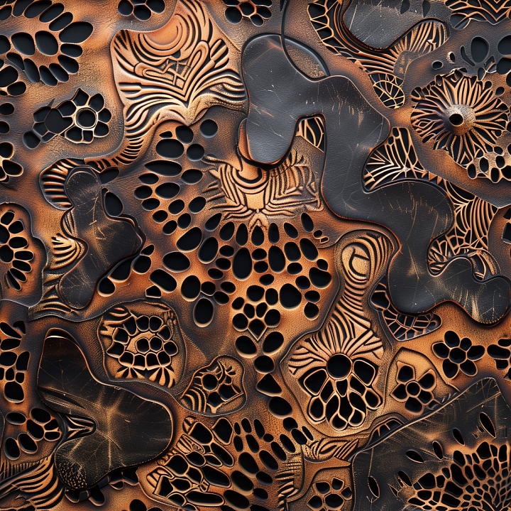 Black Vintage Cracked Leather with Intricate Cutouts seamless PBR texture preview