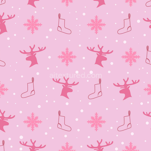 Seamless 3D PBR Christmas Digital Paper Texture with Pink Reindeer and Snowflakes
