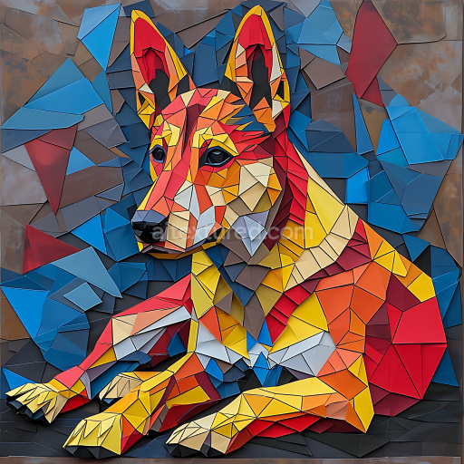 Seamless 3D PBR Texture Featuring Australian Kelpie Dog in Origami Style with Vibrant Geometric Colors