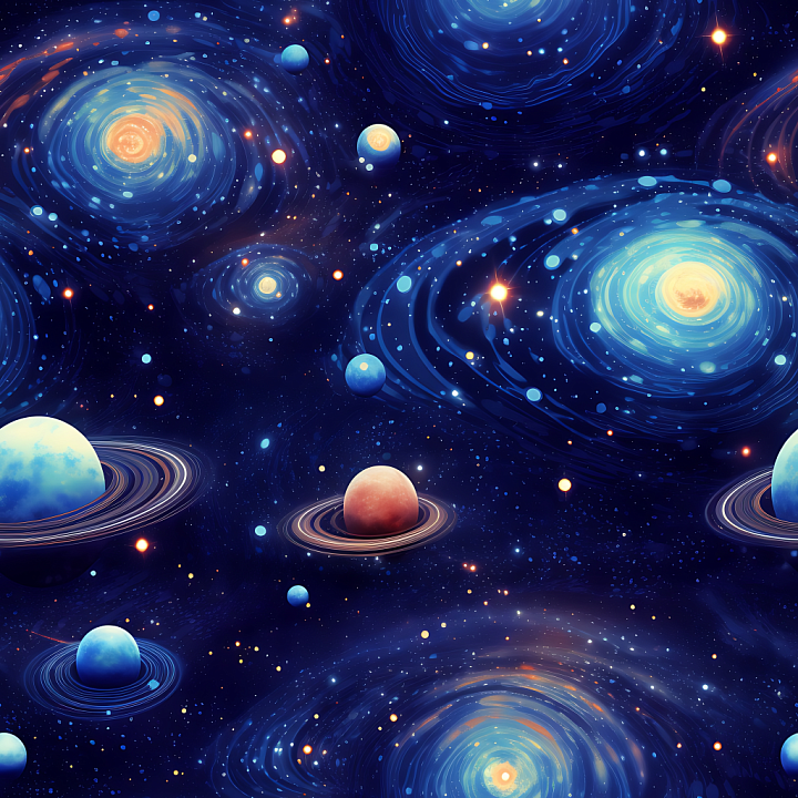 Space with Swirling Galaxies and Ringed Planets seamless PBR texture preview