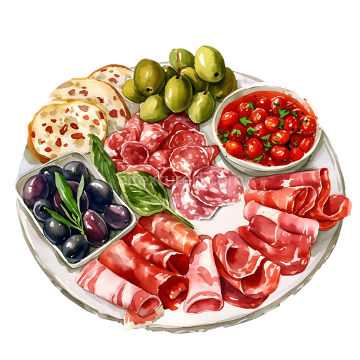 Breakfast Antipasto Platter Illustration with Cured Meats, Olives, and Cherry Tomatoes