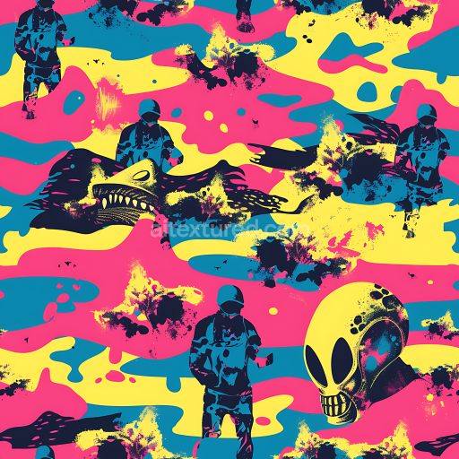 Seamless 3D Sci-Fi Camouflage PBR Texture with Neon Colors and Graphic Figures