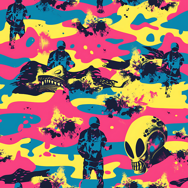 Sci-Fi Camouflage with Neon Colors and Graphic Figures seamless PBR texture preview