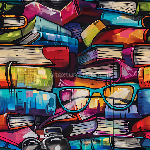 Seamless 3D PBR Graffiti Texture Featuring Colorful Books and Glasses Artwork