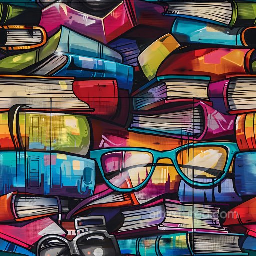 Seamless 3D PBR Graffiti Texture Featuring Colorful Books and Glasses Artwork texture preview