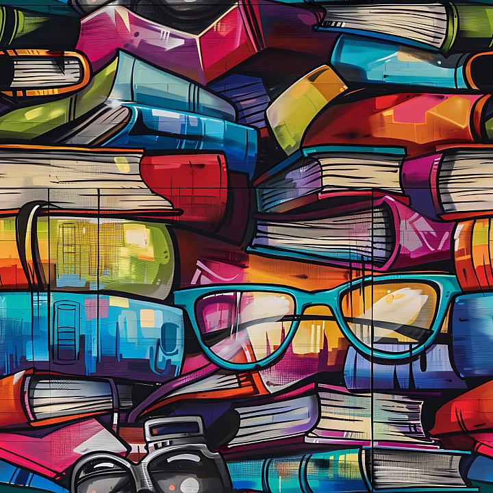 Graffiti Featuring Colorful Books and Glasses Artwork seamless PBR texture preview