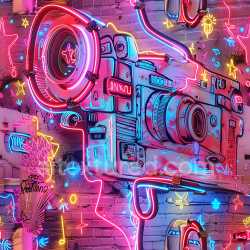 seamless Seamless 3D PBR Texture Featuring Neon-Lit Camera Graffiti on Brick texture 8k free download PBR