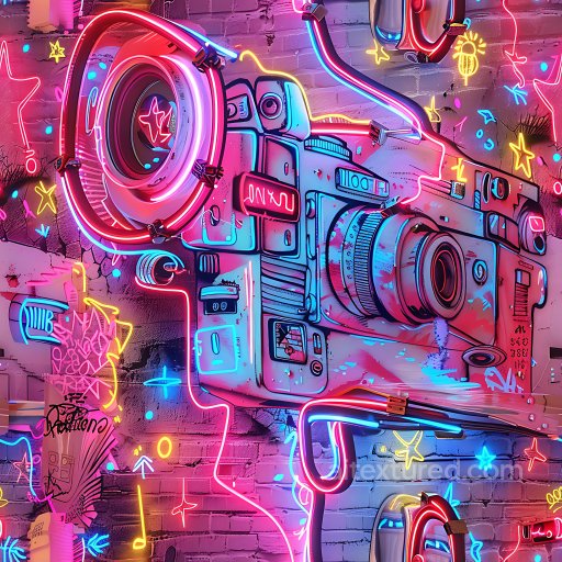 Seamless 3D PBR Texture Featuring Neon-Lit Camera Graffiti on Brick texture preview