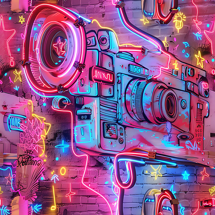 Featuring Neon-Lit Camera Graffiti on Brick seamless PBR texture preview