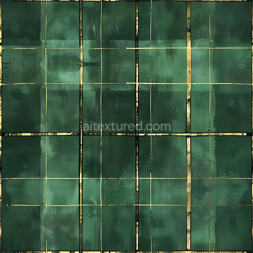 Seamless 3D PBR Texture of Green Plaid Pattern with Subtle Brush Strokes and Gold Grid Lines
