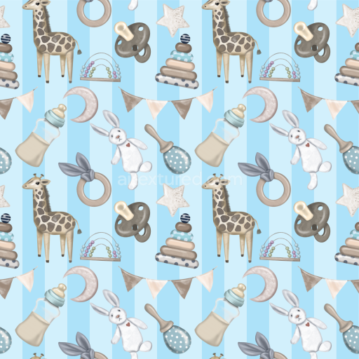 Seamless 3D PBR Baby Boy Toy Pattern Fabric Texture in Soft Blue and Neutral Tones