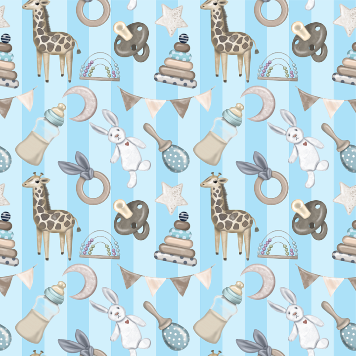 Baby Boy Toy Pattern Fabric in Soft Blue and Neutral Tones seamless PBR texture preview