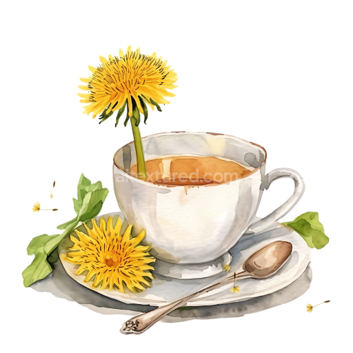 Watercolor Dandelion Tea Cup Breakfast Graphic with Fresh Flowers