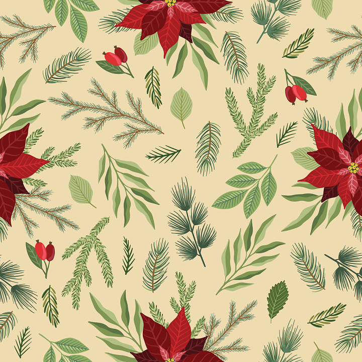 Featuring Vintage Christmas Botanical Elements on Beige seamless PBR texture preview
