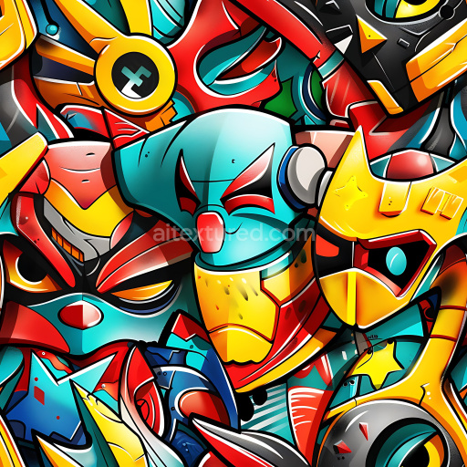 Seamless 3D PBR Texture Featuring Vibrant Cartoon-Style Graffiti with Bold Shapes